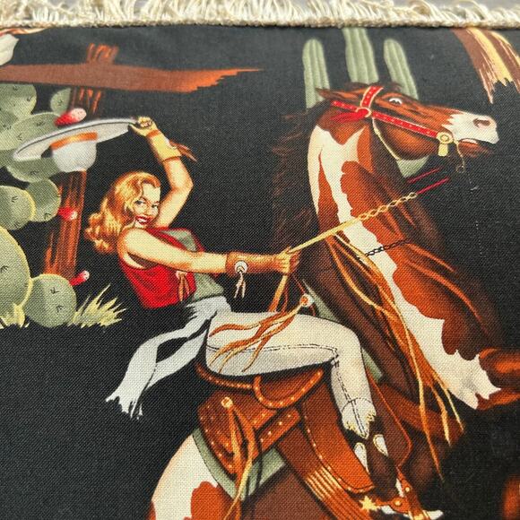 Handmade Western Cowgirl Pin-Up Pillow Black Fringe Novelty Vintage Style Decor - Picture 3 of 6